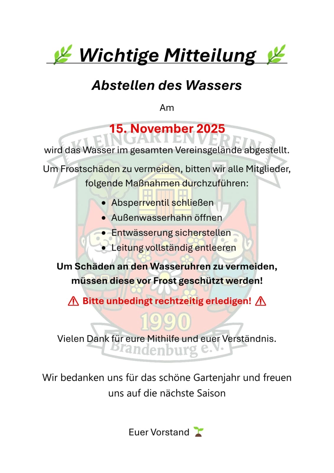 Abstellen des Wassers am 15. November